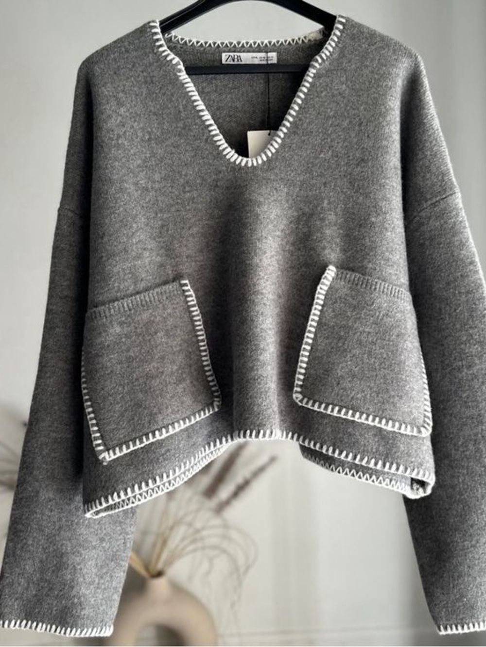 Zara Gray V-Neck Sweater with White Whipstitch Trim